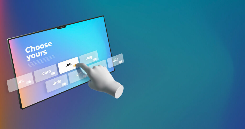 3D rendering of a website flipping concept showing hosting servers, domain elements, and digital assets transfer