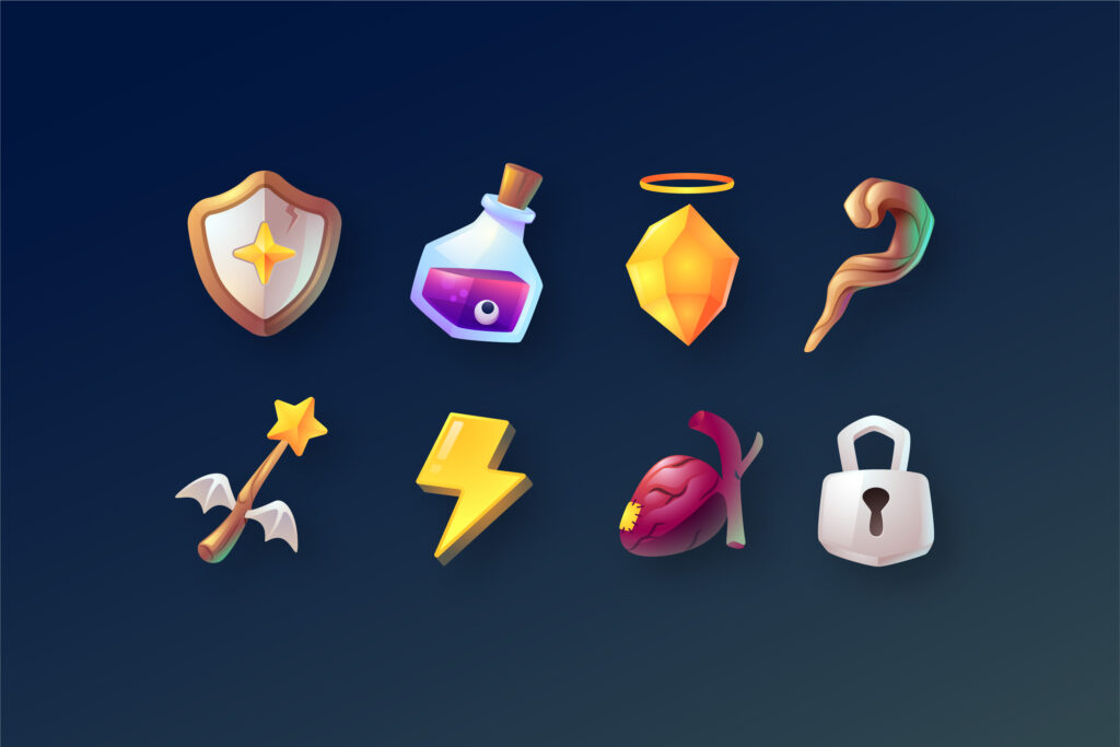 Collection of gaming collectibles and virtual inventory items in a digital game