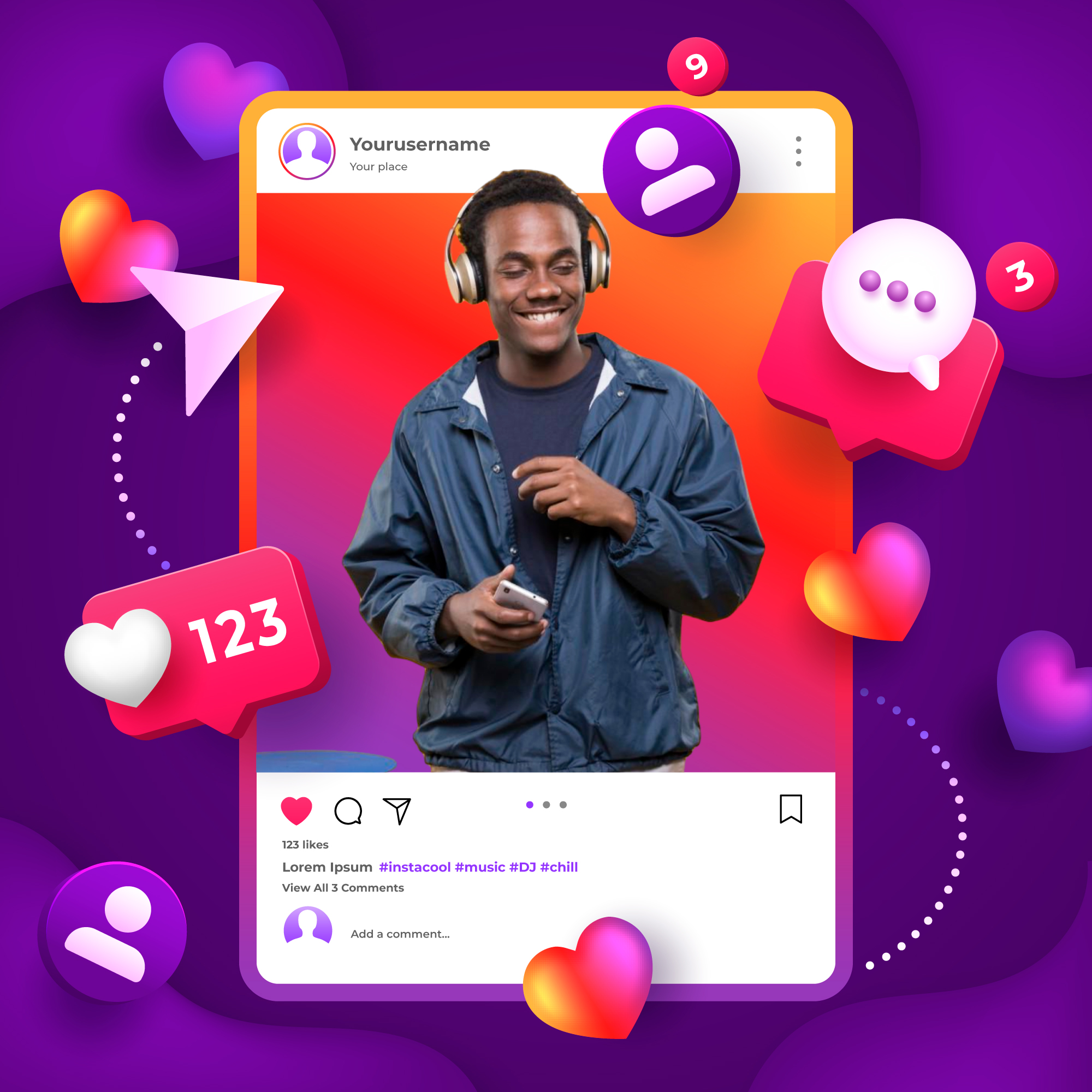 A man is smiling in his instagram handle an showing like, share and comment symbols.