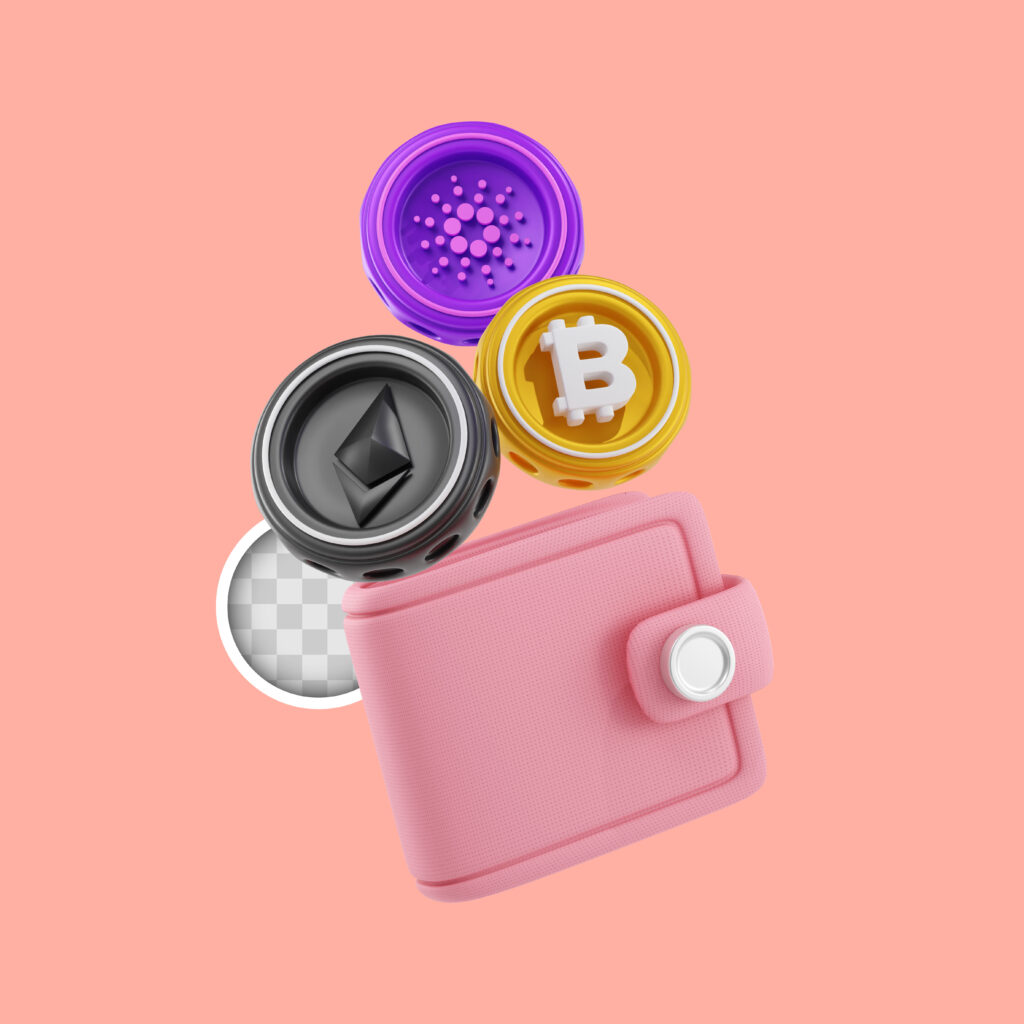 Leather pocket wallet with floating cryptocurrency coins like Bitcoin and Ethereum
