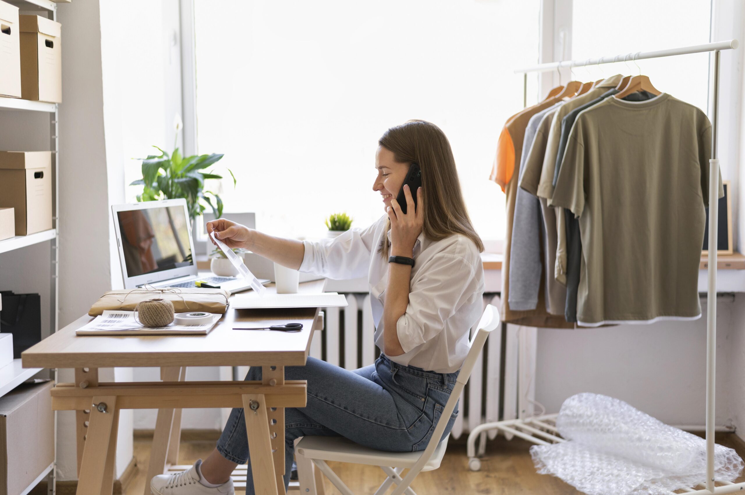 Etsy Printables Shop. A lady sitting on table and viewing Etsy shop.