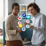 Two people managing social media accounts, discussing strategy with social media platform icons in the background.