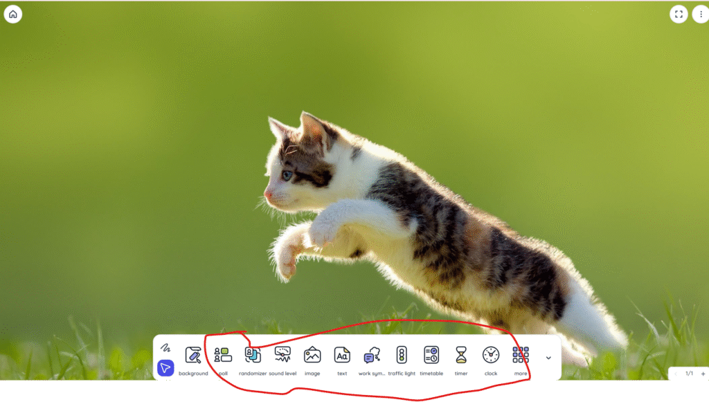 Classroomscreen interface (Key Features of joincrs.com) showing various teaching tools such as poll, random name picker, sound level meter, image and text widgets, work symbols, traffic light, timetable, timer, and clock options.