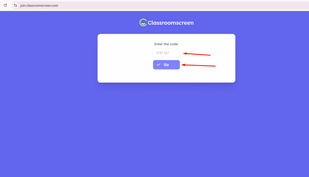 An image showing homepage of join.classroomscreen.com and showing enter the code and click to join the classroom fun.