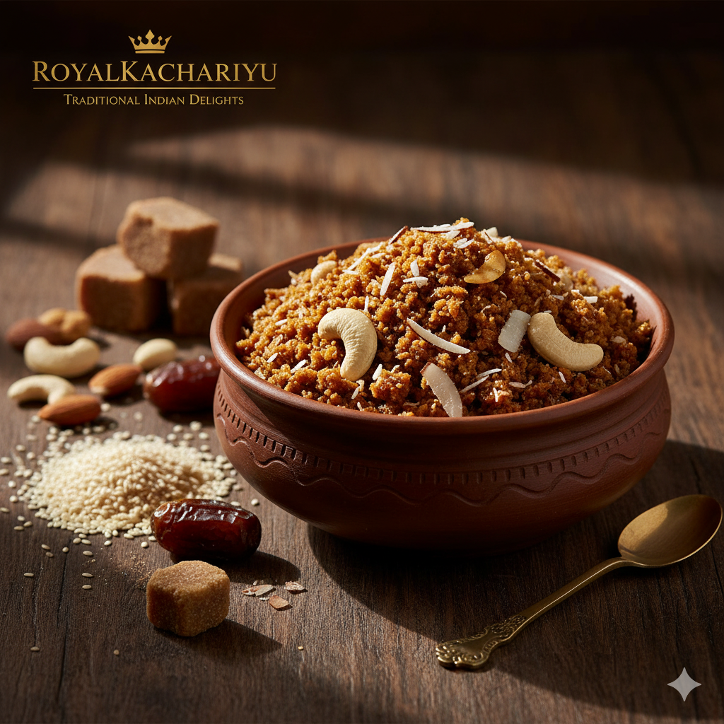 "RoyalKachariyu" brand image featuring a close-up of premium, homemade Gujarati Kachariyu (white sesame and jaggery delicacy) in a brass bowl, surrounded by high-quality ingredients like cashews, almonds, and dates, with the brand name subtly integrated into the design.