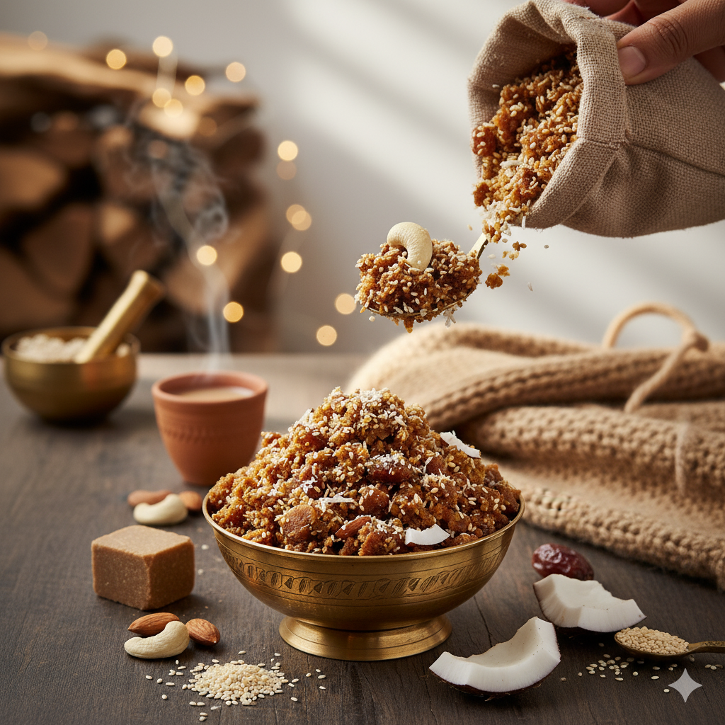 Close-up shot of rich Kachariyu texture, showing ground white sesame seeds, jaggery, dates, almonds, and cashews, served in a small brass dish.