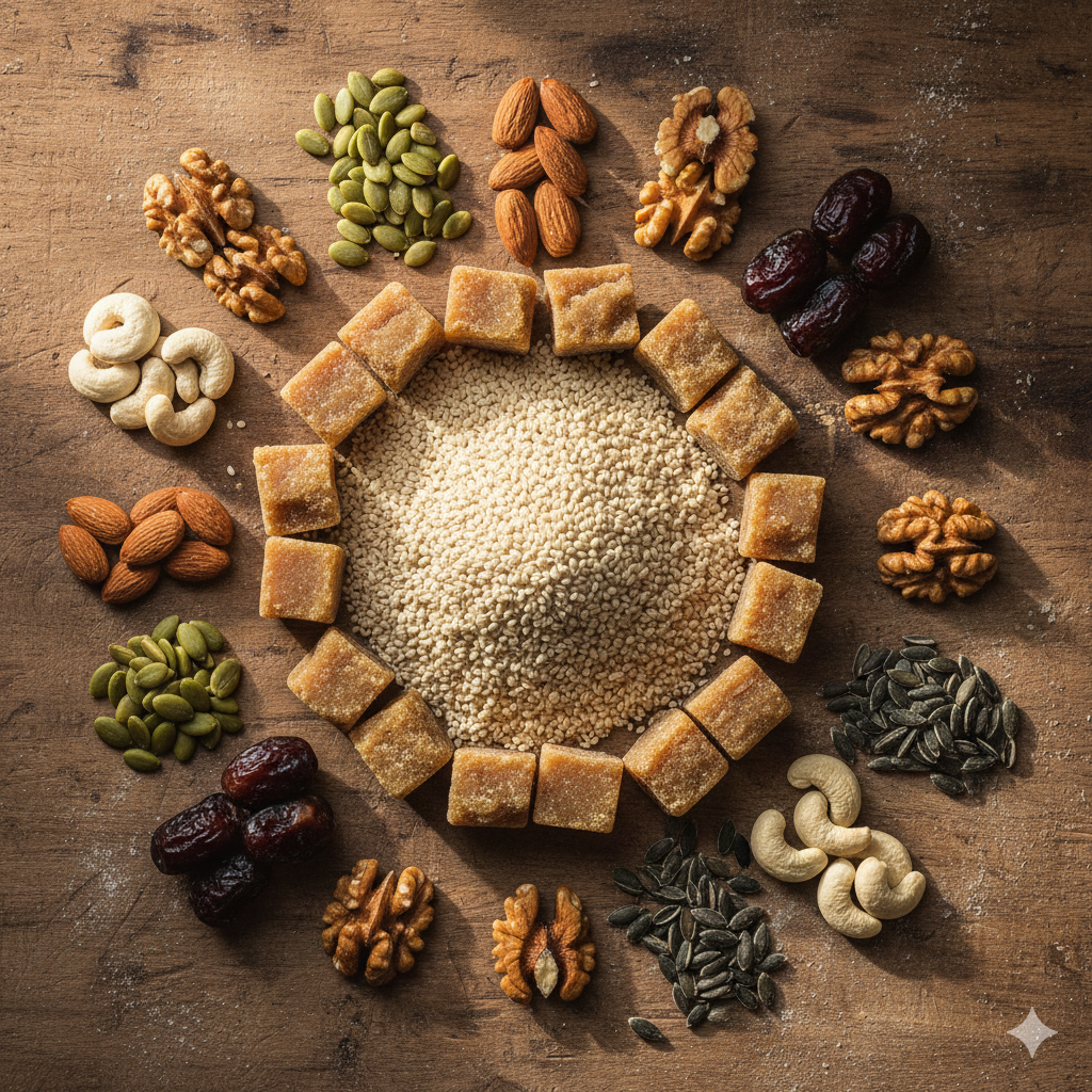 Close-up of Kachariyu showing its granular texture, garnished with mint and dry fruits, surrounded by raw jaggery cubes, sesame seeds, and dates, highlighting homemade quality.