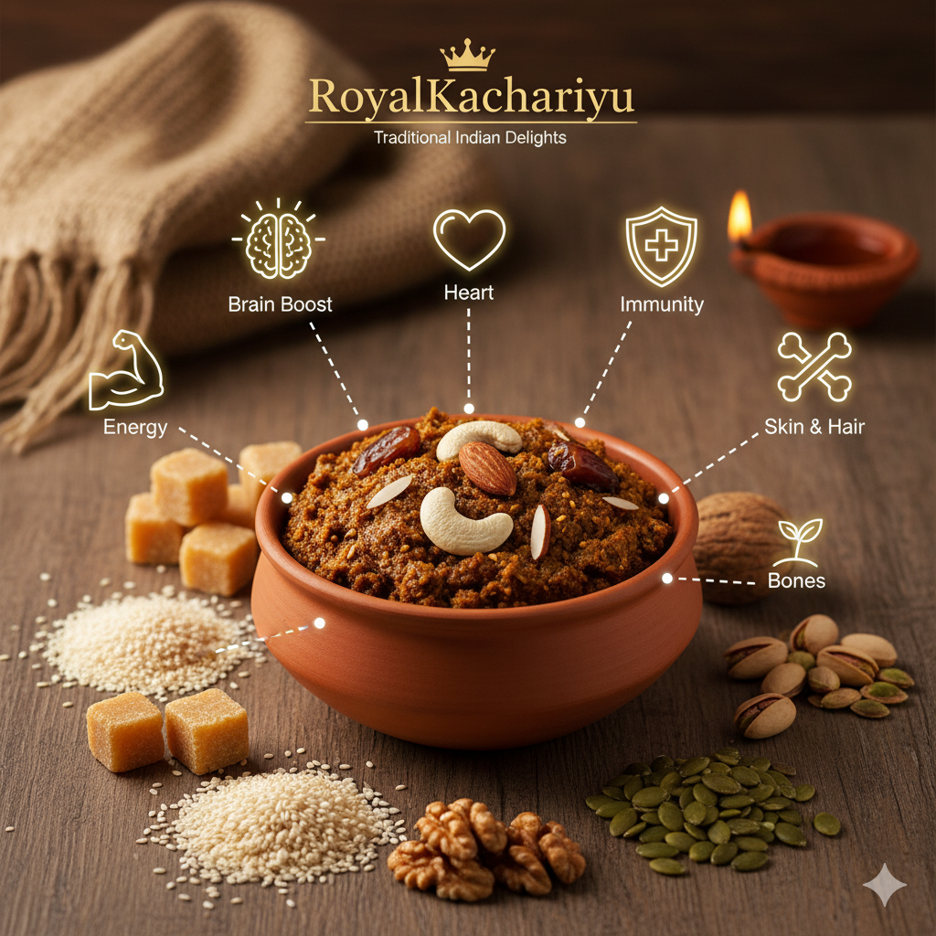 "RoyalKachariyu" health benefits image, showing a delicious bowl of Kachariyu surrounded by key ingredients like sesame, jaggery, and nuts, with infographic-style icons representing benefits such as warmth, immunity, brain health, and bone strength, promoting overall winter wellness.