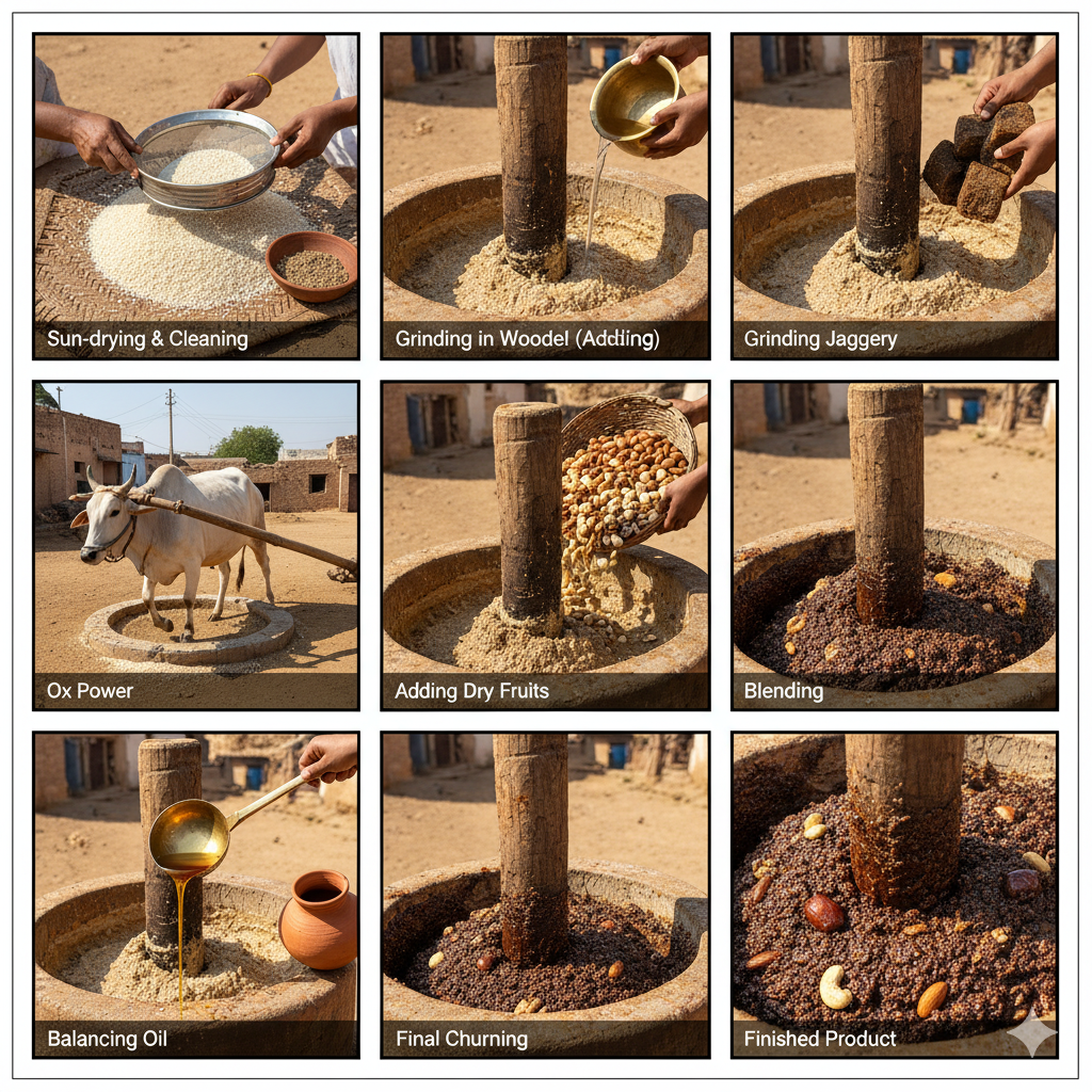 Square format visual guide showing the steps of traditional Kachariyu preparation: 1) Sun-drying sesame seeds, 2) Grinding sesame in a wooden Kohlu oil press, 3) Adding dry fruits, 4) Extracting excess oil, and 5) Churning with jaggery blocks.