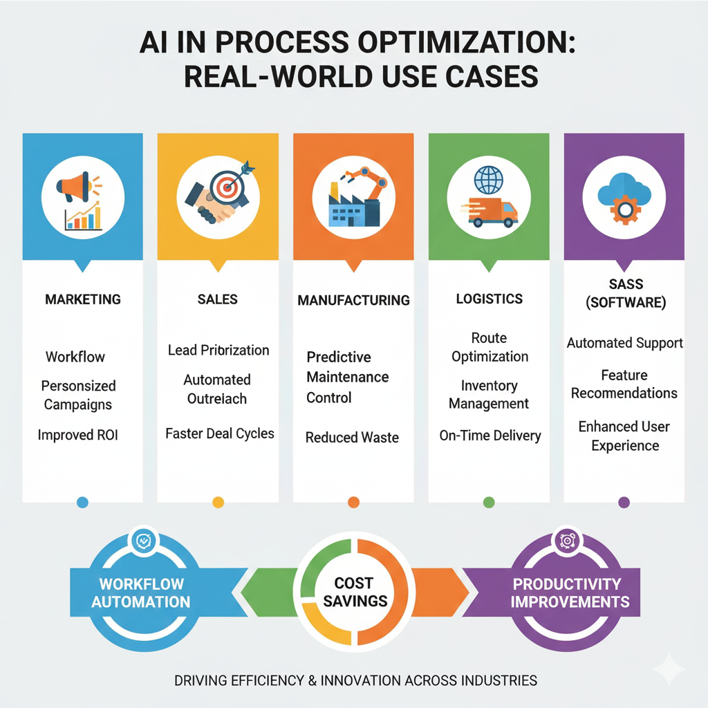 Infographic illustrating real-world AI use cases in process optimization across marketing, sales, manufacturing, logistics, and SaaS, highlighting workflow automation, cost savings, and improved productivity