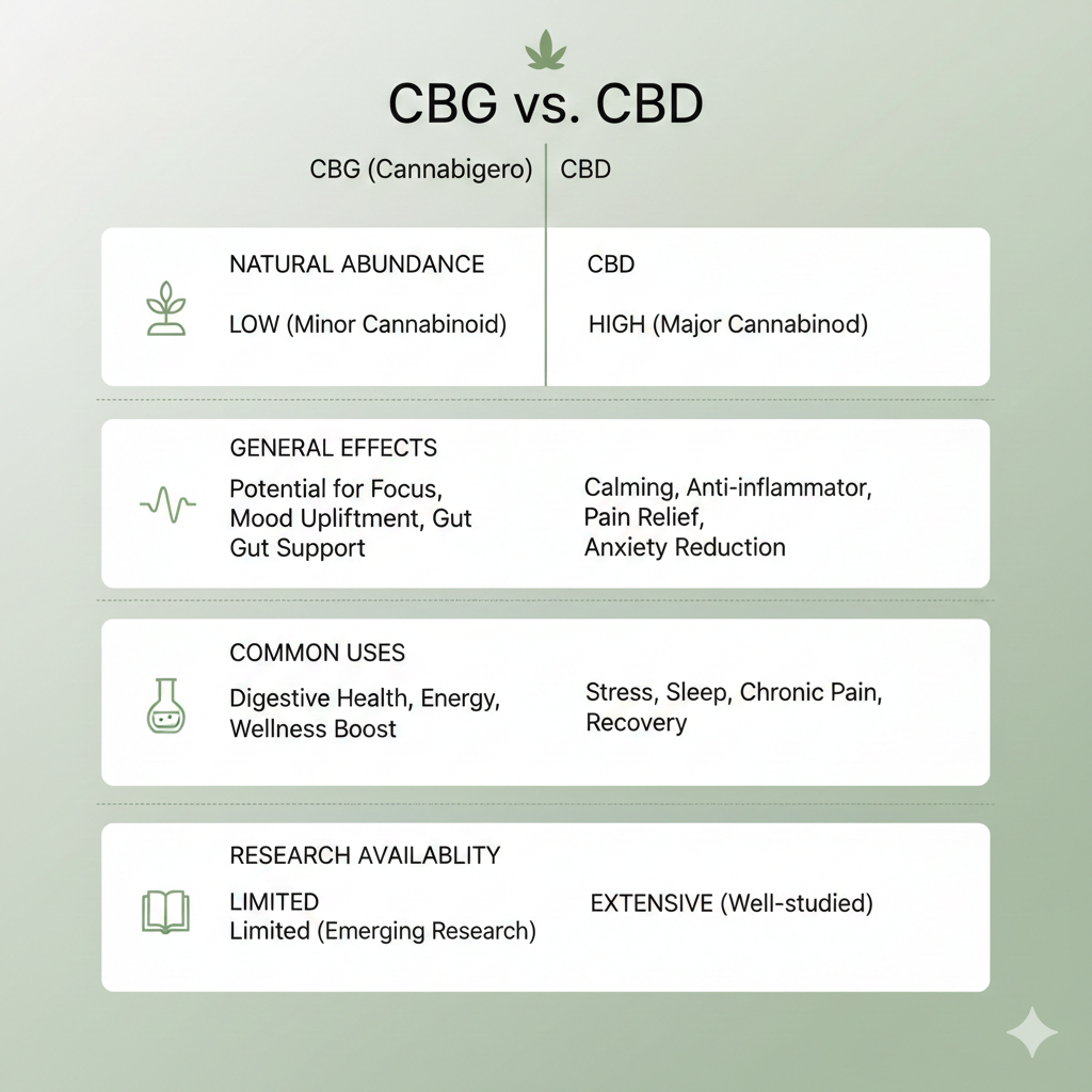Clear infographic comparing CBG vs CBD differences for US wellness consumers