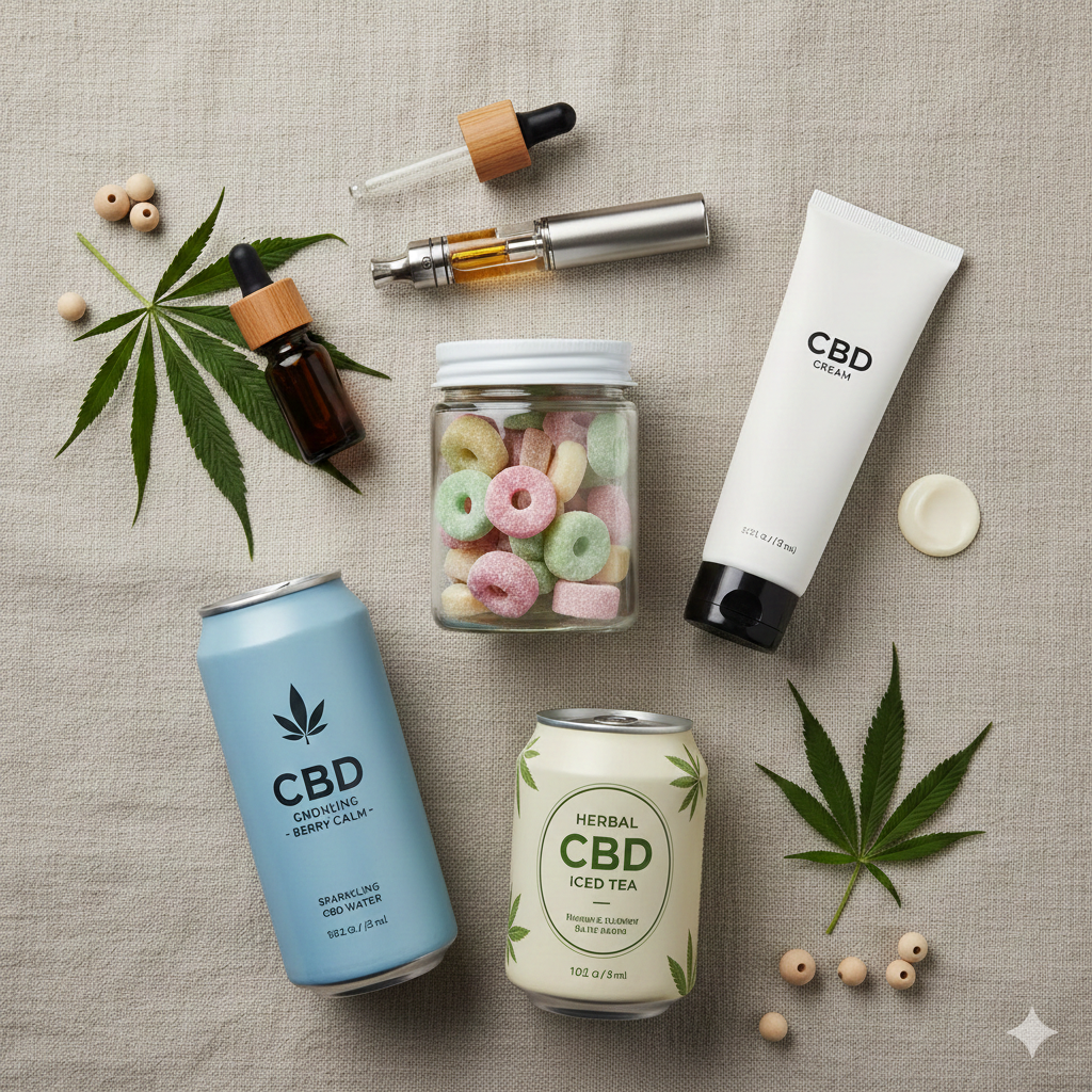 Flat lay image showing CBD oil, cbd cream, cbd gummies for pain, and cbd vape products